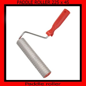 May include: A paddle roller with a red handle and a silver roller. The text "PADDLE ROLLER 225 x 45" is at the top, and "Paddle roller" is at the bottom. The roller is 22.5 cm long and 4.5 cm in diameter.