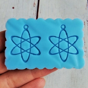May include: A blue silicone mold with two impressions of an atom symbol. The mold is designed for making earrings or other small crafts.