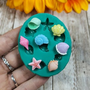 May include: A teal silicone mold featuring various seashell and starfish designs in shades of pink, blue, yellow, and white. The mold is held in a hand, with a sunflower in the background.
