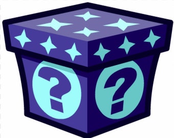 May include: A blue box with a question mark on each side. The box is decorated with white stars on the top.
