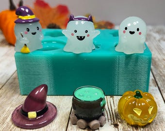 Halloween set 3d silicone mold 6pz 2-3cm pumpkin, witch hat, cauldron, ghosts molds for resin, plaster, wax, soap and polymer clay creations