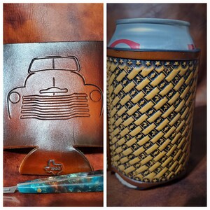 Cuero labrado a mano 1950 Chevy 3100 Can Coozie