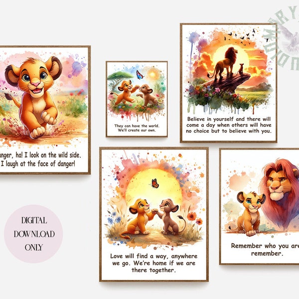 The Lion King,Collection Watercolour,Art Print Nursery,Wall Decor,Picture Poster,Lion King,Set of 5 prints,Simba print,Child gift,Baby gift