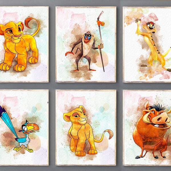 Le roi lion, aquarelle de collection, impression d'art pour chambre d'enfant, décoration murale, poster photo, roi lion, lot de 6 impressions, impression Simba, cadeau enfant, cadeau bébé