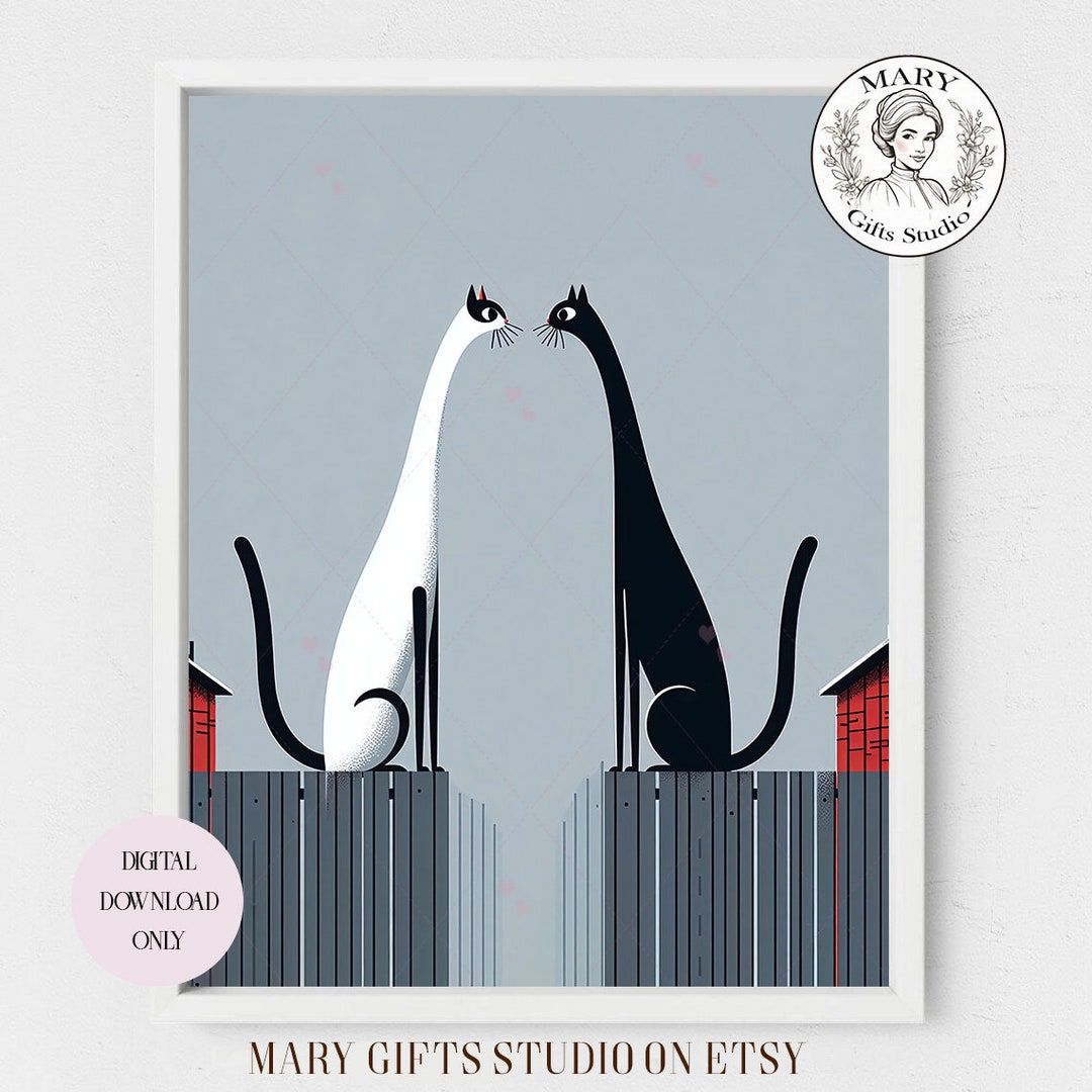Whimsical Black and White Cat Illustration Poster Cute Cat Wall Art ...