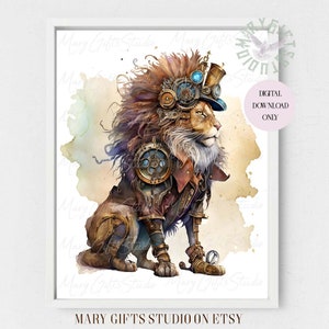 Steampunk Lion Watercolor Steampunk lion Industrial style Victorian era art Mechanical animals Retro futuristic Vintage inspired Fantasy art