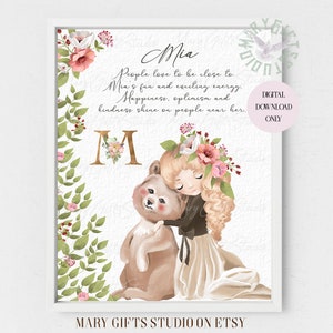 Cute Child Girl With Teddy Bear Name Meaning Print Personalised Name Meaning Decor Personalized Gift Custom Name Meaning Best Friend Present