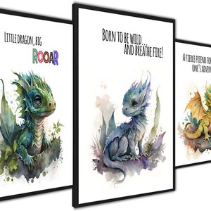 Baby Dragon Nursery printable art set DIY nursery decor Dragon print Mythical creatures Dragons nursery art Fairytale baby dragons Baby room