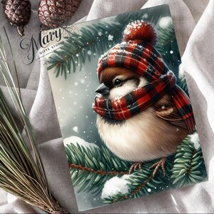 Carte de voeux oiseau de Noël avec poster gratuit, chapeau et écharpe rouges et noirs, carte de vœux d'hiver d'inspiration vintage, coffret cadeau de Noël parfait