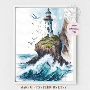 Lighthouses Print Watercolor Lighthouse Print Coastal Wall Art Landscape Print Nautical Painting Ocean Coast Lighthouse Poster Coastal  Art
