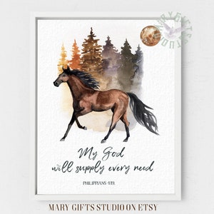 Bible Verse Print Philippians 4:19 Christian Art Christian Wall Art Christian Decor Watercolor Horse Aesthetic Bible Verse Printable Horse