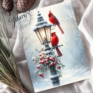 Cartão de Natal com Cardeais Encantadores e Pôster de Combinação Grátis, Decoração Festiva de Inverno para Imprimir, Cartão de Saudações de Natal com Pássaros Vermelhos