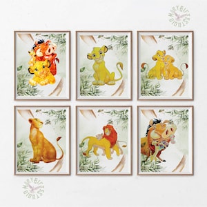 El Rey León, Colección Acuarela, Lámina Infantil, Decoración de Pared, Póster con Imagen, El Rey León, Juego de 6 láminas, Lámina de Simba, Regalo para Niños, Regalo para Bebés