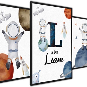 Personalized name print Space nursery decor Baby boy room decor Galaxy print Nursery wall art Outer space prints for kids Name art Set of 3