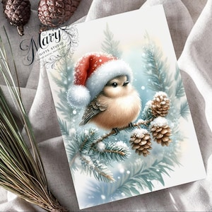 Carte de Noël et affiche assortie gratuite avec un joli oiseau en bonnet de Noel, carte de voeux pour les fêtes, décoration murale de Noël, cadeau de Noël