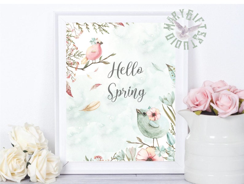 Print Spring Wall Art Hello Spring print,Hello Spring sing,Hello Spring Printable Wall Art Great Tit Bird Watercolor Spring Printable