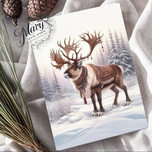 Elegant Reindeer Christmas Card and Free Matching Poster Winter Wonderland Festive Decor Printable Holiday Greeting Card Detailed Deer Art