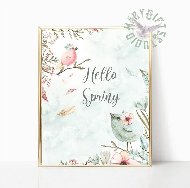 Print Spring Wall Art Hello Spring print,Hello Spring sing,Hello Spring Printable Wall Art Great Tit Bird Watercolor Spring Printable