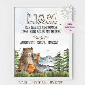 Name Meaning Sign Custom Boy Names Personalised Name Printable Sign Teddy Bear Forest landscape Personalized Baby Gift Baby Boy Gift Bear
