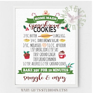 Gingerbread Cookies Watercolor Print Christmas print Christmas Decor Recipe art Christmas art Farmhouse Cookie recipe Christmas gifts idea