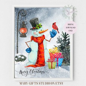Schneemann mit Geschenken Schneemann Bild Weihnachten Deko Weihnachten Schneemann Aquarell Schneemann Schneemann mit rotem Schal Weihnachten Winter Illustrationen