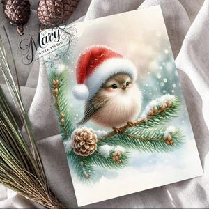 Carte de Noël et affiche assortie gratuite avec un joli oiseau en bonnet de Noel, carte de voeux pour les fêtes, décoration murale de Noël, cadeau de Noël
