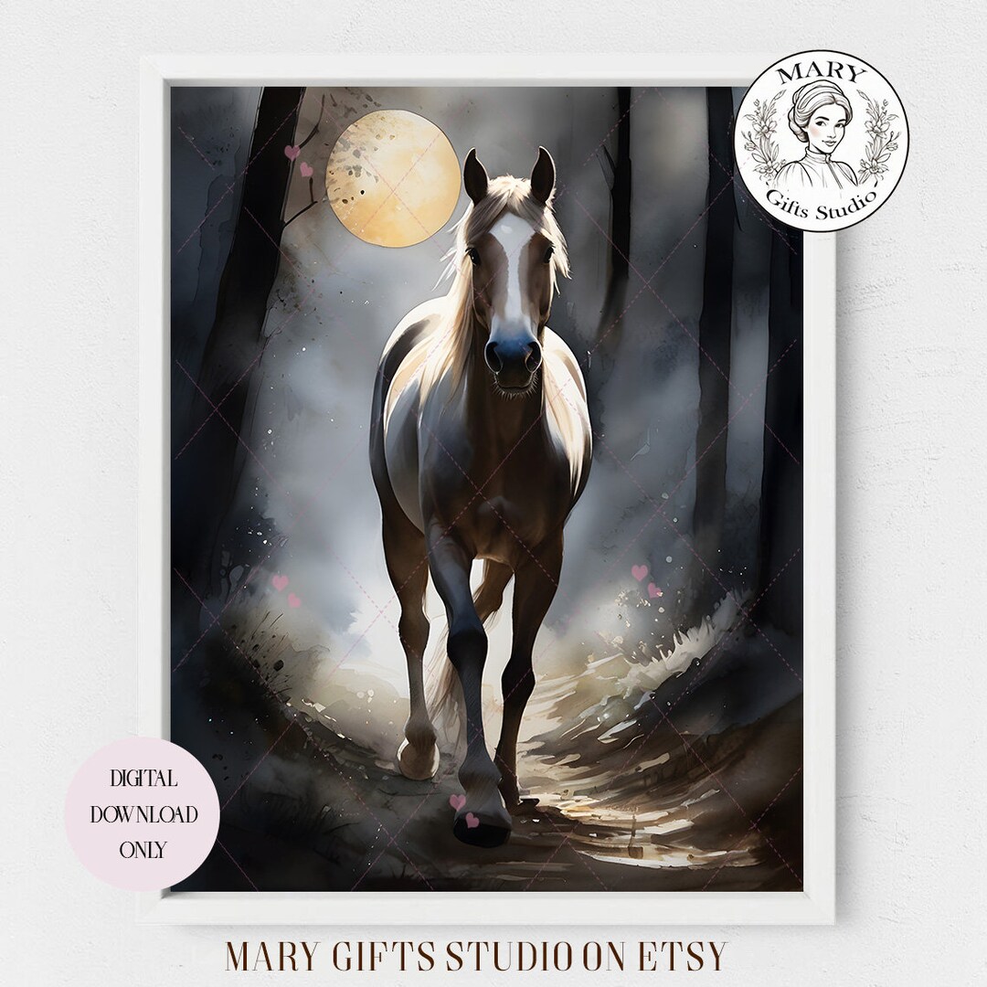 Moonlit Forest Gallop White Horse Silhouette, Celestial Equine Wall