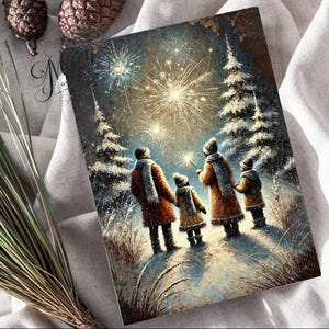 Tarjeta de felicitación de Año Nuevo con escena festiva de fuegos artificiales, familia mirando fuegos artificiales en la nieve del invierno, tarjeta de celebración navideña para cálidos deseos