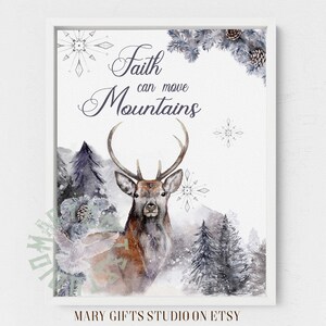 La fe puede mover montañas Mateo 17:20 Versículo de la Biblia Arte imprimible Impresión de las Escrituras Regalo cristiano Impresión personalizada Acuarela Ciervo Impresión de ciervo