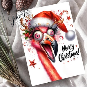 Cartão de Natal peculiar de flamingo com pôster grátis, chapéu de Papai Noel, arte de flamingo, decoração divertida para o feriado, download digital para presentes de Natal e arte de parede
