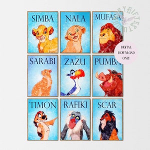 Kolekcja Król Lew Akwarela Dekoracja ścienna do pokoju dziecięcego Rodzina Król Lew Zestaw 9 wydruków Król Lew Wydruk Simba Prezent dla dziecka Prezent dla dziecka Simba