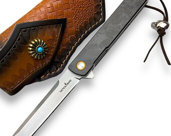 Custom Carbon Fiber Folding Pocket Knife, D2 Steel Blade, Leather Sheath