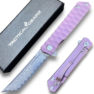Custom Damascus Pocket Knife, Solid Tc4 Titanium Handle Folding Knife, Birthday Gift, Groomsmen Gift, Anniversary Gift, Wedding Gift for Men