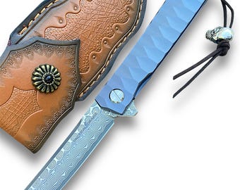 Blue Damascus Titanium Folding Knife, Leather Sheath and Lanyard Bundle
