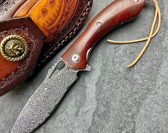 Custom Damascus EDC Pocket Knife, Natural Rosewood Handle Folding Knife, Birthday Gift, Groomsmen Gift, Anniversary Gift, Wedding Gift