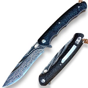 May include: A black folding knife with a patterned blade and a black handle. The knife is open and the blade is visible. The knife is closed and the handle is visible.