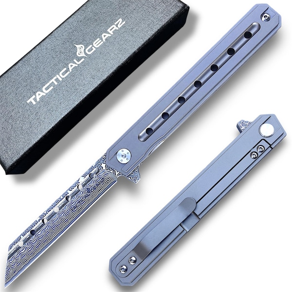Custom Damascus Tanto Pocket Knife: Tc4 Titanium Folding Knife