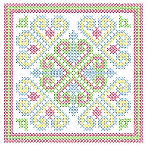 May include: A colourful cross-stitch pattern with a floral design in shades of yellow, green, blue, and pink. The pattern is framed by a border of green, pink, and white.