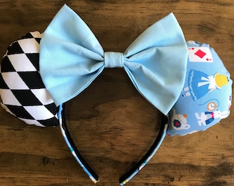 Alice in wonderland inspired mouse ears/harlequin print/teapots/white rabbit/red queen/mad hatter/ Cheshire Cat