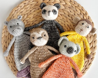 Crochet Pattern Bundle - Tropical Animal Baby Loveys | Koala, Sloth, Monkey, Panda, Hippo | Amigurumi Crochet Pattern | English & Dutch