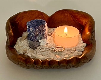 Unique Handcrafted Wooden Hand Tea Light Candle Holder: Exquisite Sodalite, Galena, Limpet, and Coral Shell Accents for a Serene Ambience