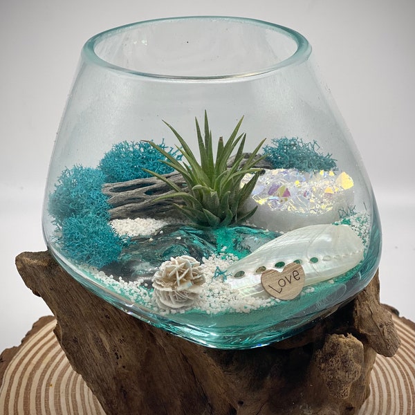 Hand-Blown Glass Air Plant Terrarium with Angel Aura Crystal - Perfect Beach Decor with Turquoise Beach Sand