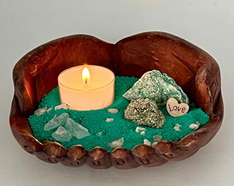 Hand Carved Wooden Hands Candle Holder, Fuchsite & Pyrite Tea Light Decor