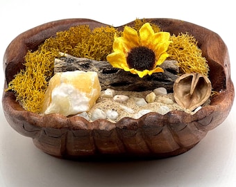 DIY Coastal Elegance & Nature-Inspired Charm: Handcrafted Wood Hands Bowl with Calcite, Sunflower, and More