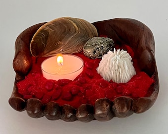 Hand-Carved Wooden Hands Tea Light Candle Holder, Pyrite Crystal Coastal Decor