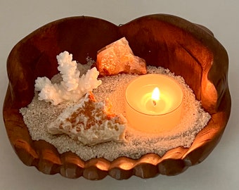 Beachy Tea Light Holder - Wood Carved Hands with Vanadinite Crystal, Red Calcite, Coral Piece, and White Sand - Limited Edition