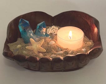 Hand-Carved Wooden Tea Light Holder, Coastal Starfish & Blue Crystal Decor