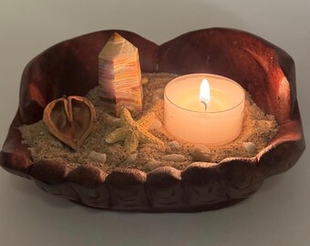 Hand-Carved Wooden Tea Light Holder, Afghanistan Jade & Starfish Natural Decor