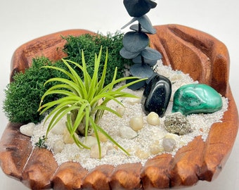 Plant Lovers Gift - An Air Plant Beach Theme Holder with Precious Natural Elements such as Malachite, Pyrite, Green Goldstone, and more!
