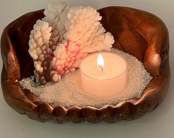 Coral Glow: Handmade Tea-Light Candle Holder with White Sand and a Beautiful Seaside Coral Piece - Illuminate Your Space with Stunning Home